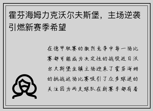 霍芬海姆力克沃尔夫斯堡，主场逆袭引燃新赛季希望